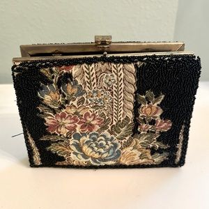 Vintage Earnest Floral Black Beaded Clutch!